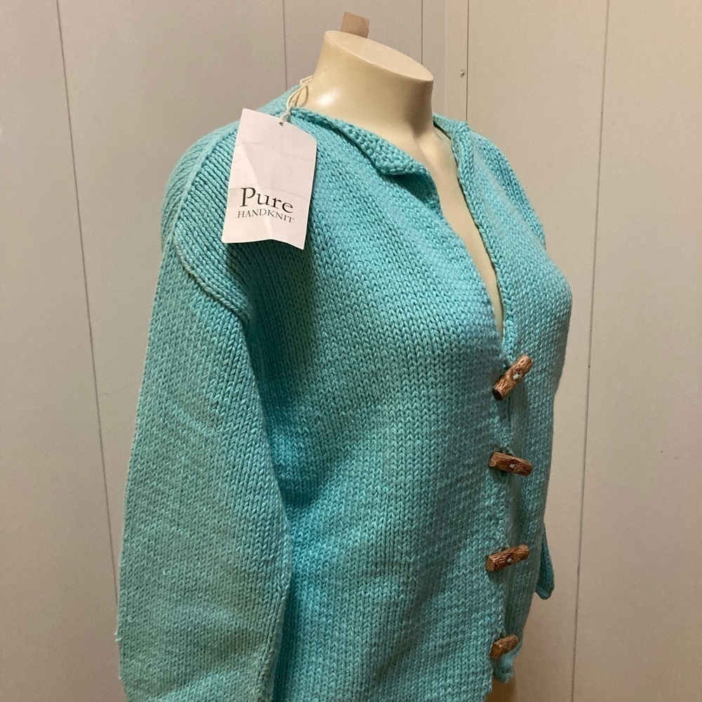 PURE HANDKNIT turquoise w/front wooden buttons 100%cotton cardigan  MED NWT